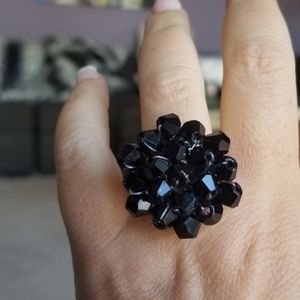 Swarovski Elements Jet Onyx Black Crystal Flower Cluster Statement Ring NEW